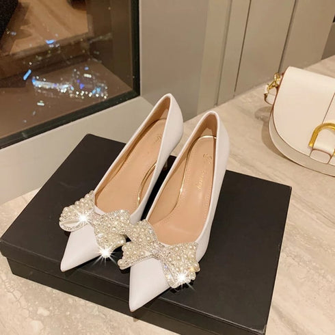 Pearl Crystal Bow-Knot Wedding Pointed Toe Heels